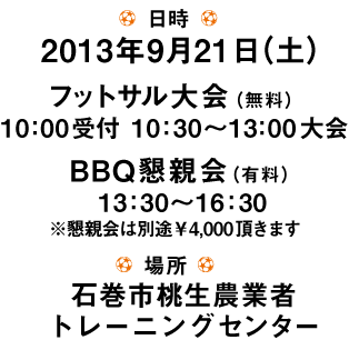 日時　2013年9月21日（土）フットサル大会（無料) 10:00受付 10:30〜13:00 大会　BBQ懇親会（有料） 13:30〜16:30 ※懇親会は別途￥4,000頂きます　場所　石巻市桃生農業者トレーニングセンター
